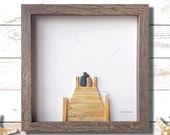 Pebble Art Couple on Pier, Framed Coastal Anniversary Gift