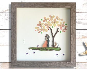 Pebble Art Spring Wedding Gift, Cherry Blossom Tree, Birds, 8x8 Framed