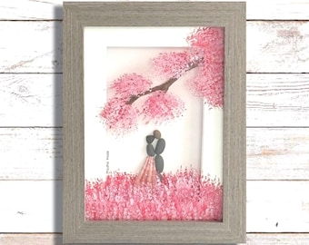 Pebble Art, Reverse Glass Painting, Cherry Blossom Wedding Gift (5x7) for Bride and Groom