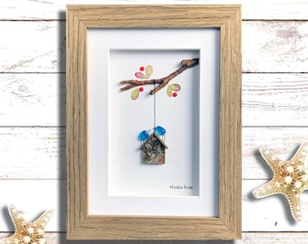Blue Love Birds Sea Glass Art: Framed Couples Gift (5x7 Inches)