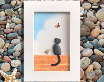 Cat Pebble Art: Kitty, Bird & Butterfly - Original Framed Gift