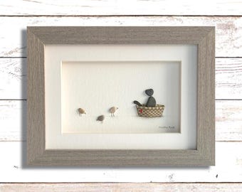Cat Pebble Art: Kitty in a Basket, Three Little Birds - Original Framed Gift
