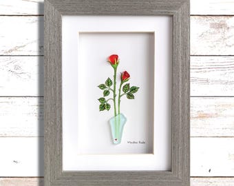 Sea Glass Art: Red Roses in Vase, Framed Floral Wall Decor