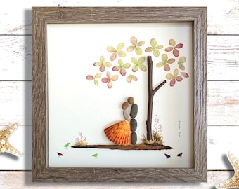 Pebble Art Wedding Gift, Cherry Blossom Tree, Framed 8x8