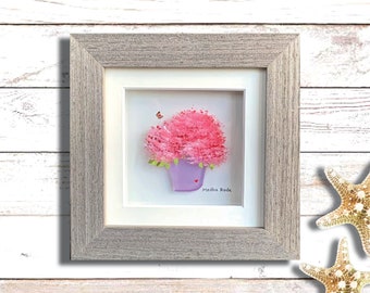 Sea Glass Flower Art with Reverse Glass Painting, 4 by 4, Cherry Bloom, Unique Gifts