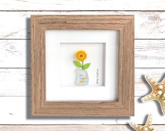 Sea Glass Sunflower Art: Reverse Glass Painting, Motivational Gift (4x4)