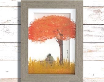Pebble Art Gift, Reverse Glass Painting, Couple under Maple Tree, Unique Anniversary Present (5x7)