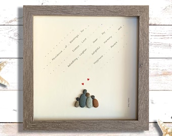 Pebble Art Family Portrait, Rustic Gray Frame, Anniversary Gift