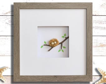 Pebble Art Family Portrait: Two Pearl Eggs in Nest, Rustic Gray Frame