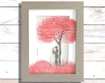 Sea Glass Pebble Art, Reverse Glass Painting, Cherry Blossom Wedding Gift (5x7)