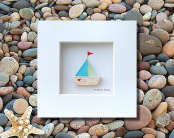 Sea Glass Boat Art: Original Ocean Lover Gift (4x4 Matted)