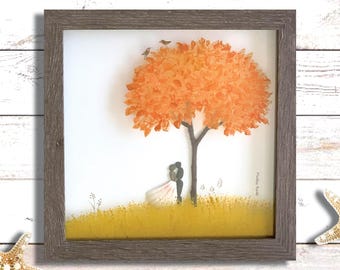 Sea Glass Pebble Art, Autumn Maple Tree Couple, Reverse Glass Painting