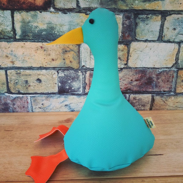 Cool Canard Doorstop / Bookend. Fabric duck doorstop. flat packed. turquoise faux leather. Funny doorstops. Animal doorstops