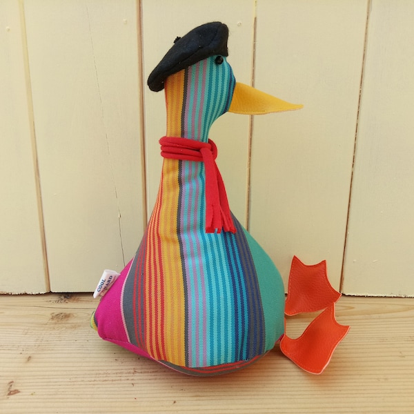 Cool Canard Doorstop / Bookend. Fabric duck doorstop. bright stripes. Funny doorstops. Animal doorstops. house warming gift. Basque. French