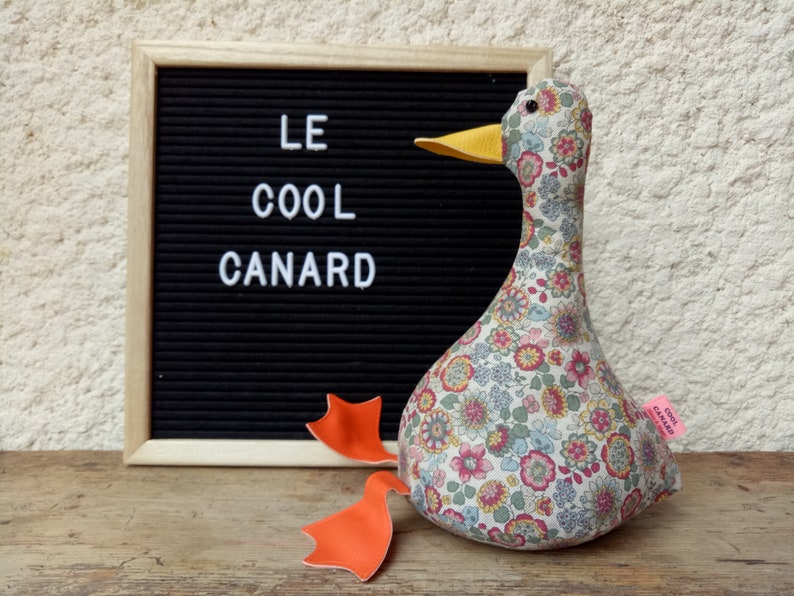 Cool Canard Doorstop / Bookend. Fabric duck doorstop. flat packed. floral heavy cotton. Funny doorstop. Animal doorstops, house warming image 1