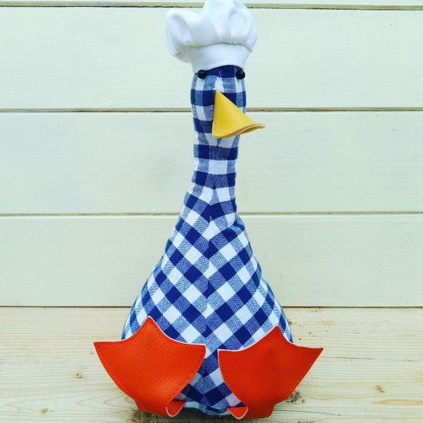 Cool Canard Doorstop / Bookend. blue and white gingham check. chef cook gift. flat packed Funny doorstops duck decor House warming different