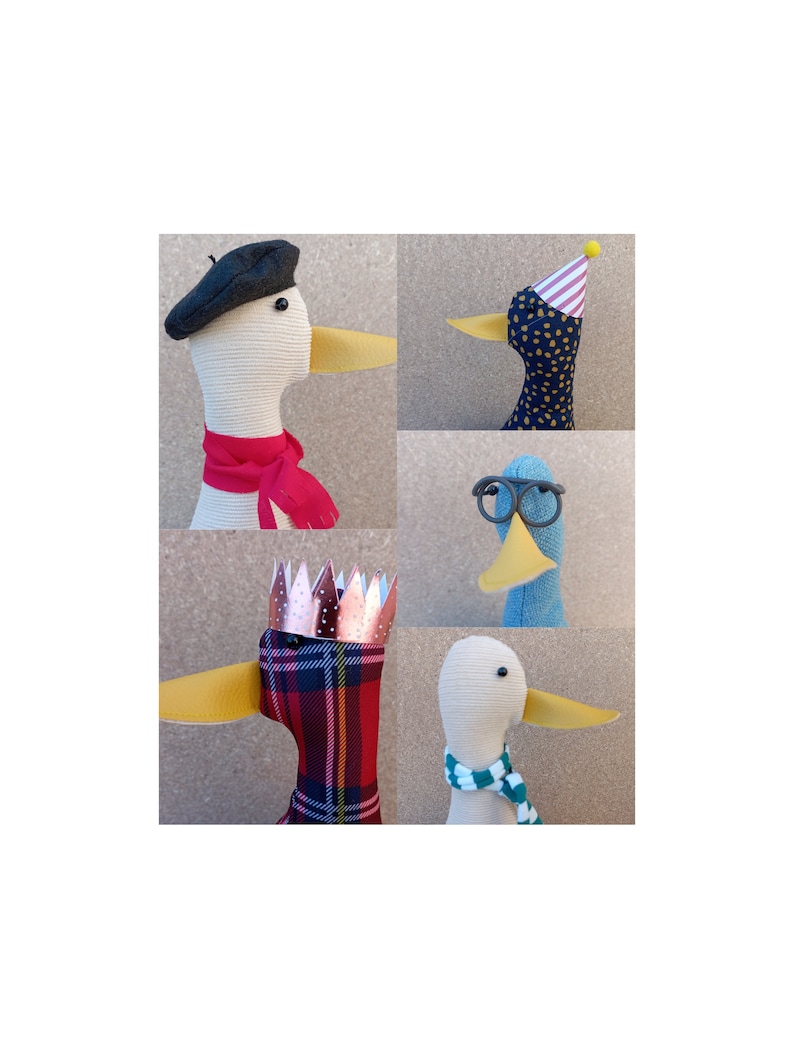 May include: Five plush toy ducks with different accessories. One duck is wearing a beret, another a party hat, another a crown, another glasses, and the last a scarf.