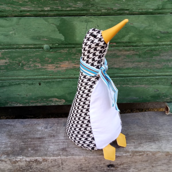 Parky Penguin Doorstop / Bookend. Fabric penguin doorstop. flat packed doorstop. Black/white dogtooth . Funny doorstops. Animal doorstops