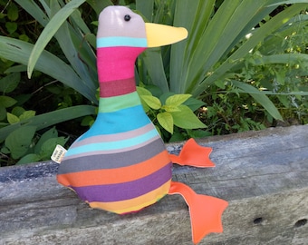 Cool Canard Doorstop / Bookend. Fabric duck doorstop. flat packed. canvas multicoloured striped. Funny doorstops. Animal doorstops