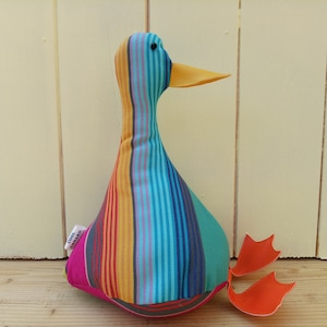 Cool Canard Doorstop / Bookend. Fabric duck doorstop. bright stripes. Funny doorstops. Animal doorstops. house warming gift. canard.