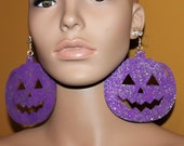 Purple glittered Jack-O-Lantern earrings Halloween earrings Novelty earrings Pumpkin earrings Large earrings Pierced or clip-on earrings