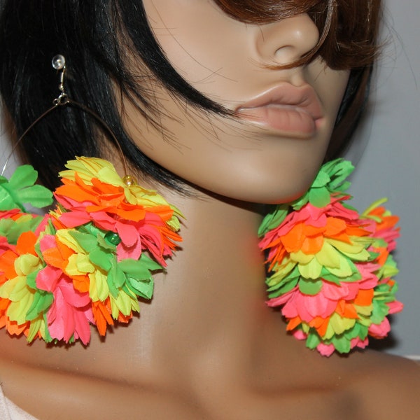 Neon multicolor flower hoop earrings;Tropical flower earrings;Statement earrings;Diva earrings;Big hoop earrings;Pierced dangle earrings