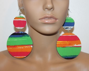 Colorful Abstract print fabric earrings| Wooden earrings| Diva earrings| Big multi color earrings| BOLD earrings| Fashion chic earrings