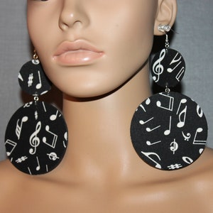 Musical notes print fabric earrings;Wooden earrings;Music earrings;Diva earrings;BOLD earrings;Big earrings;Pierced fashion earrings