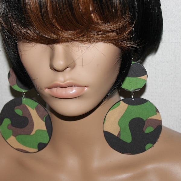 Green camouflage print fabric dangle earrings;Wooden earrings;Diva earrings;Army earrings;BOLD earrings;Pierced Post Clip-on earrings