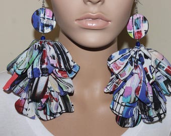 Multicolor Abstract Print Mismatch Fabric Flower Petal Earrings| Big Statement Earrings| Clip-On Available