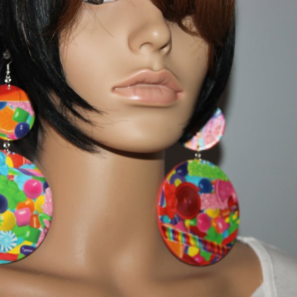 Sweet candy mix print wooden earrings| Fun earrings| Big earrings| Diva earrings| BOLD earrings| Pierced Clip-on  earrings