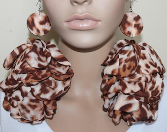 Brown animal print fabric flower petal earrings| Long dangle earrings| Unique earrings| Big lightweight earrings| Fabric earrings