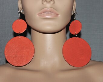 Burnt orange wooden earrings;Diva earrings;Fall/Autumn earrings;Big statement earrings;BOLD earrings;Pierced dangle earrings