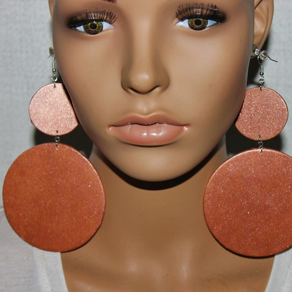 Rose Gold wooden earrings;Diva earrings;Solid color earrings;Big earrings;Statement earrings;BOLD earrings;Pierced Post Clip-on earrings