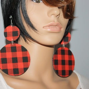 Red & Black buffalo check plaid print fabric earrings| Wooden earrings| Diva earrings| Big earrings| BOLD earrings| Clip-on earrings