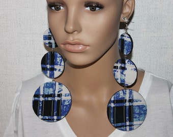 Blue/black plaid print fabric earrings;Tiered statement earrings;Diva earrings;Big shoulder earrings;BOLD fashion earrings