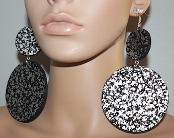 Metallic silver & black fabric earrings| Wooden earrings| Diva earrings| Big earrings| BOLD earrings| Pierced/Post/Clip-on earrings
