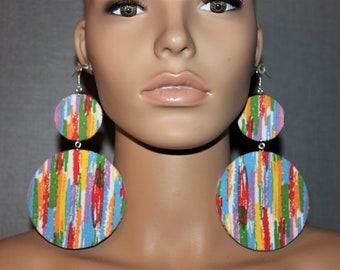 Colorful abstract print fabric earrings|Wooden earrings|Diva earrings|Big statement earrings|BOLD earrings|Clip-on earrings