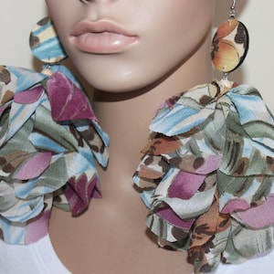 Multicolor fabric flower petal earrings| Long dangle earrings| Unique earrings| Big lightweight earrings| Chic style earrings