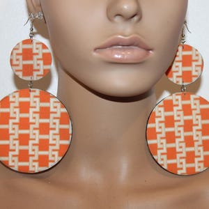 Orange design print fabric earrings| Wooden earrings| Diva earrings| Big multi color earrings| BOLD earrings| Fashion chic earrings