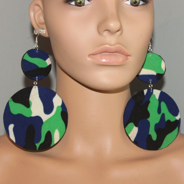 Multicolor camouflage print fabric dangle earrings;Wooden earrings;Diva earrings;Army earrings;BOLD earrings;Pierced dangle earrings