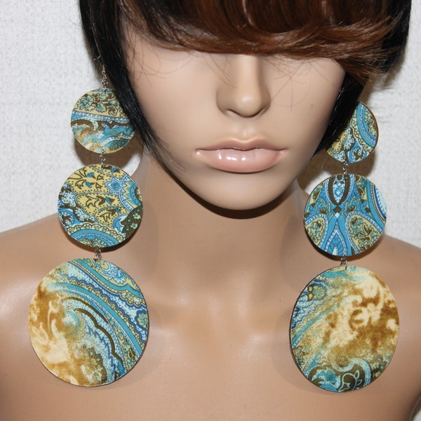 Blue mixed design print mismatch fabric earrings;Tiered statement earrings;Diva earrings;Big shoulder earrings;BOLD fashion earrings