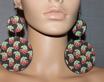 CLEARANCE! Cherry print fabric earrings available in pierced or clip-on