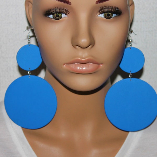 Bright blue wooden earrings;Solid color earrings;Diva earrings;Fashion earrings;Big statement earrings;BOLD earrings;Pierced dangle earrings