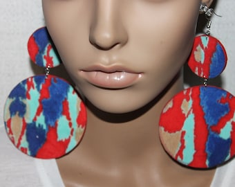 Colorful Abstract print fabric earrings| Wooden earrings| Diva earrings| Big multi color earrings| BOLD earrings| Clip-on earrings