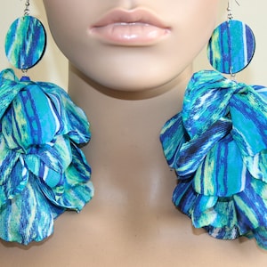 Multicolor fabric flower petal earrings| Long dangle earrings| Unique earrings| Big lightweight earrings| Chic style earrings