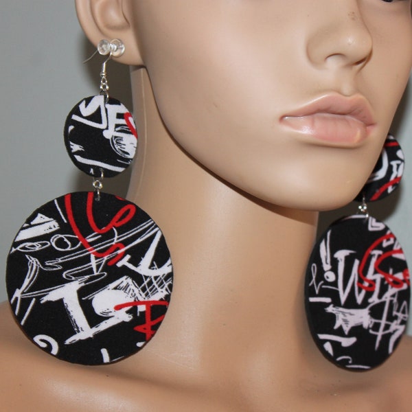 Red & black graffiti print fabric earrings; Wooden earrings; Diva earrings; Big earrings; BOLD earrings; Pierced/Post/Clip-on earrings