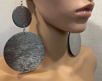 Metallic silver fabric earrings| Wooden earrings| Diva earrings| Big statement earrings| BOLD earrings| Fashion earrings| Clip-on earrings