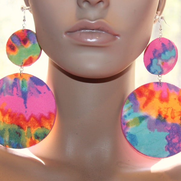 Colorful fabric earrings;Multicolor earrings;Wooden earrings;Bold earrings;Diva earrings;BIG earrings;Pierced dangle earrings