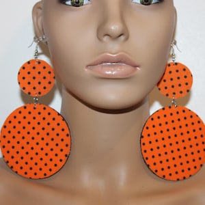 Orange & Black polka dot print earrings| Polka dot earrings| Fabric earrings| Diva earrings| Big earrings| Pierced or clip-on earrings